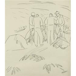 Elizabeth Rivers (1903-1964), ARAN FISHERMEN SORTING NETS, pencil drawing, 46 by 38cm., 18...