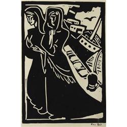Nano Reid (1905-1981), TWO WOMEN STROLLING BY THE QUAY, signed lower right, linocut; editio...