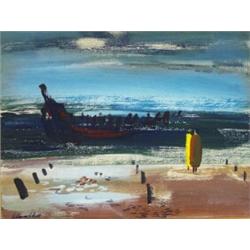 George Campbell RHA (1917-1979), SURREAL LANDSCAPE WITH HULK OF A VIKING SHIP AND FIGURES ON A...