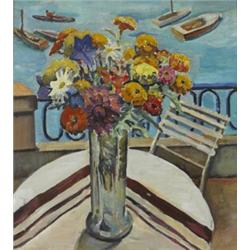 Father Jack P. Hanlon (1913-1968), MIXED FLOWERS ON A BALCONY OVERLOOKING BOATS ON WATER, sig...