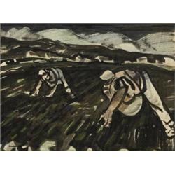 George Campbell RHA (1917-1979), DRILLING POTATOES, signed lower left, watercolour and cray...