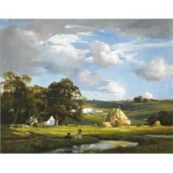 Frank McKelvey RHA RUA (1859-1974), HAY MAKING, signed lower right, oil on canvas, 38 by...