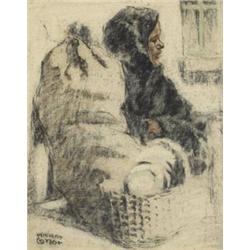 William Conor RHA RUA ROI (1881-1968), SEATED WOMAN WITH SACK AND BASKET, signed lower left...