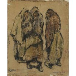 William Conor RHA RUA ROI (1881-1968), THREE WOMEN AT SMITHFIELD, signed lower left; bears in...