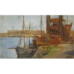 William Conor RHA RUA ROI (1881-1968), THE DREDGER - YORK DOCK, (BELFAST) 1908, signed lower...