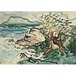George Campbell RHA (1917-1979), ROCKY COAST WITH WIND-BLOWN TREE, signed lower right; inscri...