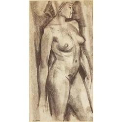 George Campbell RHA (1917-1979), STANDING FEMALE NUDE, signed lower left, conte crayon on p...