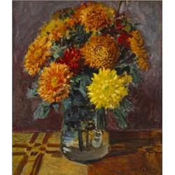 Frank McKelvey RHA RUA (1859-1974), VASE OF CHRYSANTHEMUM, signed lower right, oil on canva...