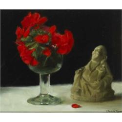 Thomas Ryan PPRHA (b.1929), GERANIUMS AND BUDDHA, signed lower right; with studio label numbe...
