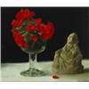 Image 1 : Thomas Ryan PPRHA (b.1929), GERANIUMS AND BUDDHA, signed lower right; with studio label numbe...
