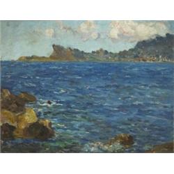 Estella Frances Solomons HRHA (1882-1968), COASTAL LANDSCAPE WITH CLOUDS OVER A BLUFF, oil on...