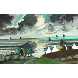 Markey Robinson (1918-1999), COASTAL LANDSCAPE WITH FIGURES LOOKING OUT TO SEA, signed lower...