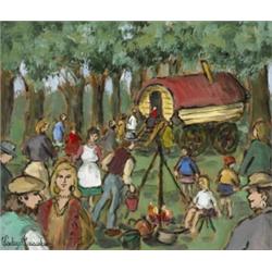 Gladys Maccabe HRUA ROI FRSA (b.1918), GYPSY ENCAMPMENT, signed lower left, oil on board...