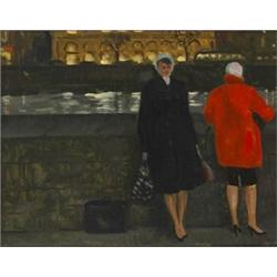 Patrick Leonard HRHA (b.1918), WAITING FOR THE BUS AT BURGH QUAY, DUBLIN, signed on reverse...