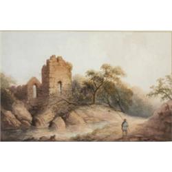 John Claude Bosanquet (fl.1870s), FISHERMAN BY A RUINED CHURCH, signed lower left, watercol...