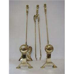 A BRASS FIRE COMPANION SET, 19th Century, with andirons (5  30-50...