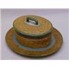 Image 1 : A MINTONS MAJOLICA BUTTER DISH, and cover, 1876, turquoise interior, basket work moulded exterior...