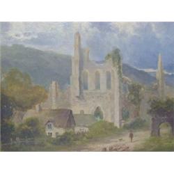 GRESLEY, F, (1855-1936), study of a ruin with thatched cottage and figure with sheep to foregroun...