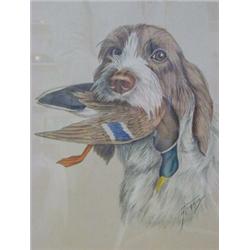REGGUOY, G, a series of four hunting dogs portraits with trophies in their mouths, pencil heighte...