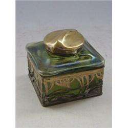 AN ART NOUVEAU IRIDESCENT GLASS INK CONTAINER, early 20th Century, stylized metal mounts, marked ...