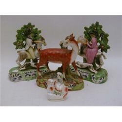 A WALTON TYPE DOE FIGURE, height 16cm (s.d.), a miniature Staffordshire girl and spaniel figure, ...