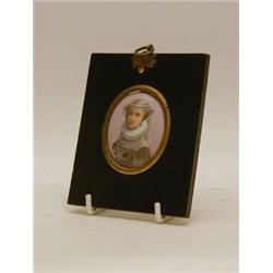 AN OVAL PORCELAIN PORTRAIT PLAQUE, printed and painted profile of Mary Queen of Scots, height 6cm...