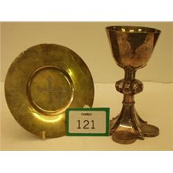 Victorian silver chalice, 7" high with matching silver patten 6.5" diameter, both with gilded int…
