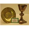 Image 1 : Victorian silver chalice, 7" high with matching silver patten 6.5" diameter, both with gilded int…