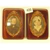 Image 1 : Pair of handpainted 19c miniature portraits in rectangular frames with ormolu oval centres…