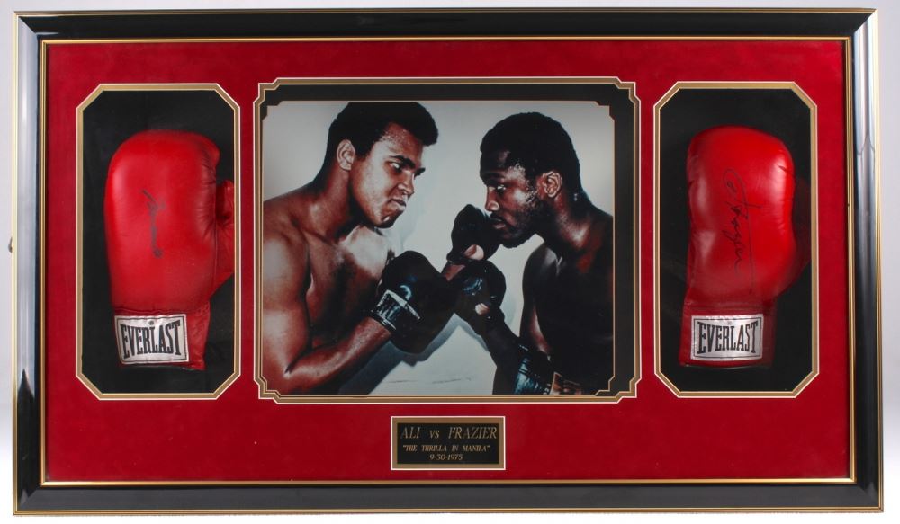 Muhammad Ali & Joe Frazier Signed 25x43x6 Custom Framed Boxing Glove Shadow Box Display (JSA ALOA