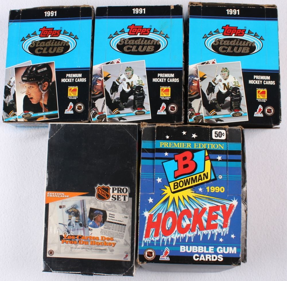 Lot of (5) Boxes of Hockey Cards with (3) 1991-92 Topps Stadium Club, 1990-91  Bowman & 1991-92 Pro S