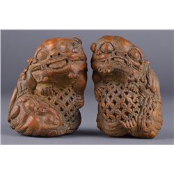 Pair of 18th Century Bamboo Carved Fu Lions