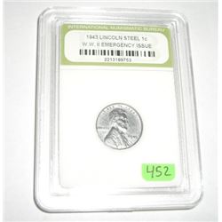 1943 WWII STEEL LINCOLN WHEAT PENNY CERTIFIED BY INB *EMERGENCY ISSUE* SERIAL # 2213189753!! COIN CA