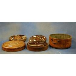 A gentleman's fine quality Georgian circular inlaid walnutwood travelling set with brass drop han...