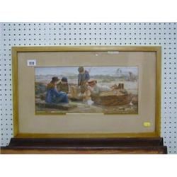 J E, a Victorian watercolour drawing "Children Studying a Rock Pool" monogrammed dated 1885 7" x...