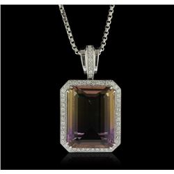 14KT White Gold 28.42ct Quartz and Diamond Pendant With Chain