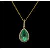 Image 1 : 2.73ct Emerald and Diamond Pendant With Chain - 14KT Yellow Gold