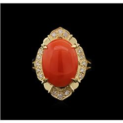 4.97ct Coral and Diamond Ring - 14KT Yellow Gold