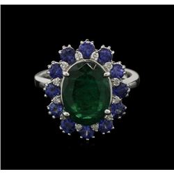 3.48ct Emerald, Sapphire and Diamond Ring - 14KT White Gold