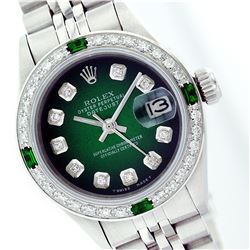 Rolex Stainless Steel Diamond and Emerald DateJust Ladies Watch