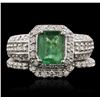 Image 1 : 14KT White Gold 1.20ct Emerald and Diamond Wedding Set