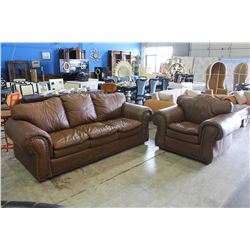 2PC BROWN LEATHER SOFA AND CHAIR SET