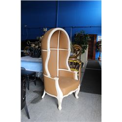 DESIGNER HIGH BACK BEIGE LEATHER WITH PAINTED WHITE WOOD FRAMED CHAIR