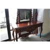 Image 1 : CARVED MAHOGANY CONSOLE TABLE WITH MATCHING BUTTERFLY MOTIF MIRROR 2PC SET - SMALL CRACK IN MIRROR