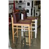 Image 2 : PAIR OF BAR STOOLS; NATURAL WOOD WITH BROWN LEATHER UPHOLSTERED SEATS