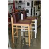 Image 2 : PAIR OF BAR STOOLS; NATURAL WOOD WITH BROWN LEATHER UPHOLSTERED SEATS