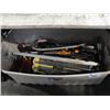 Image 1 : LARGE RUBBERMAID STORAGE BIN FILLED WITH ASSORTED TOOLS AND A 4WHEEL PLATFORM DOLLY