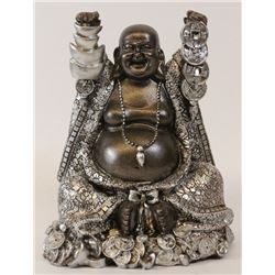 POLYRESIN HAPPY BUDDAH W/ WEALTH SYMBOL STATUE