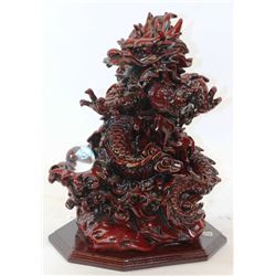 POLYRESIN RED DRAGON W/ GLASS BALL STATUE