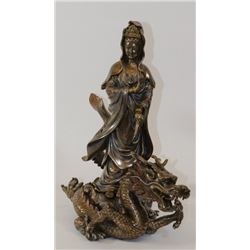 KWAN YIN STANDING ON DRAGON, POLYRESIN  BODY COATED WITH  BRASS  POWDER